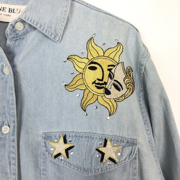 Vintage Denim Button Front Shirt Sun Moon Stars Applique Patches Rhinestones M - Picture 5 of 6